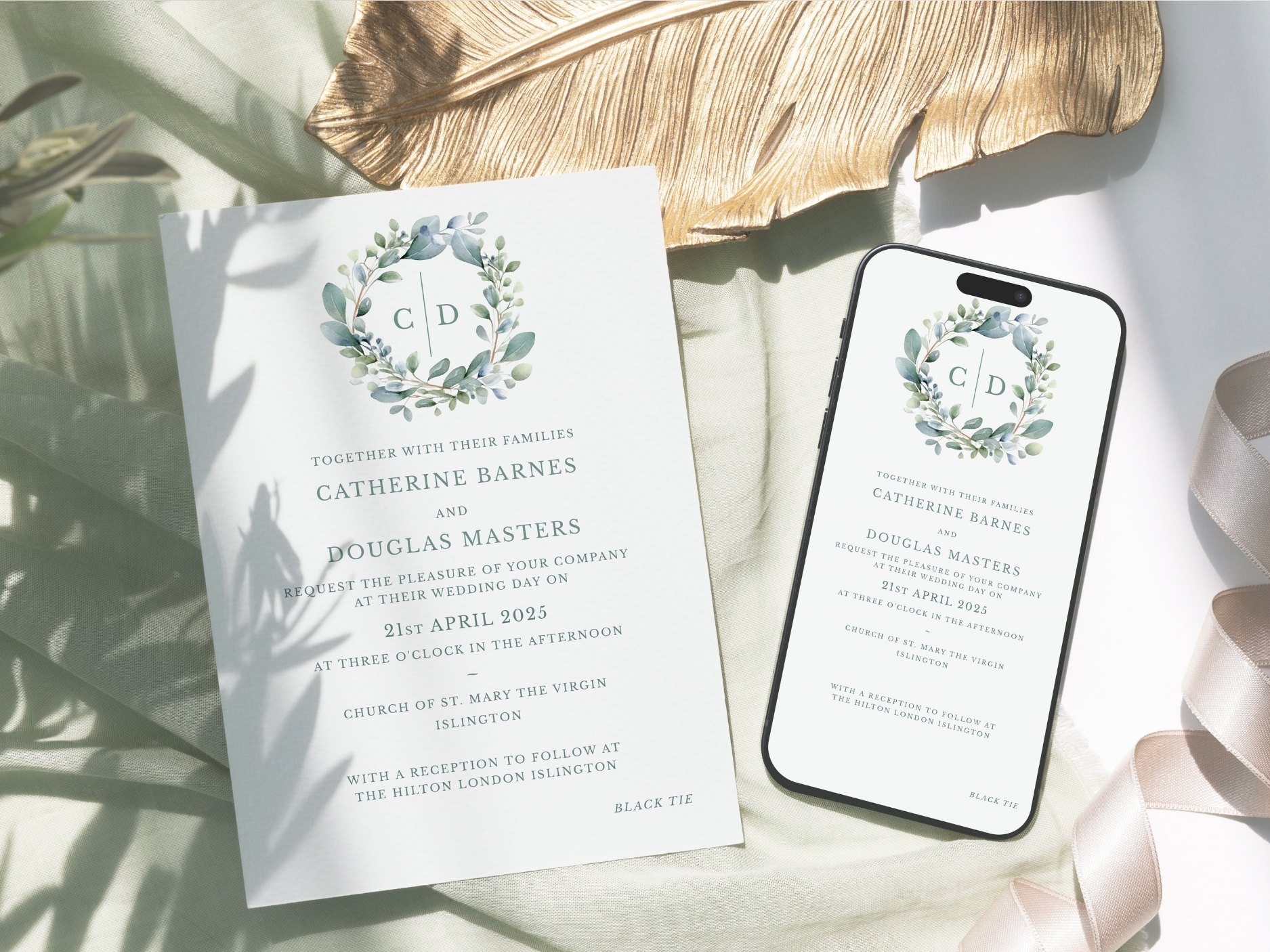 Eucalyptus Greenery Wreath Wedding Invitation and E-Card Design