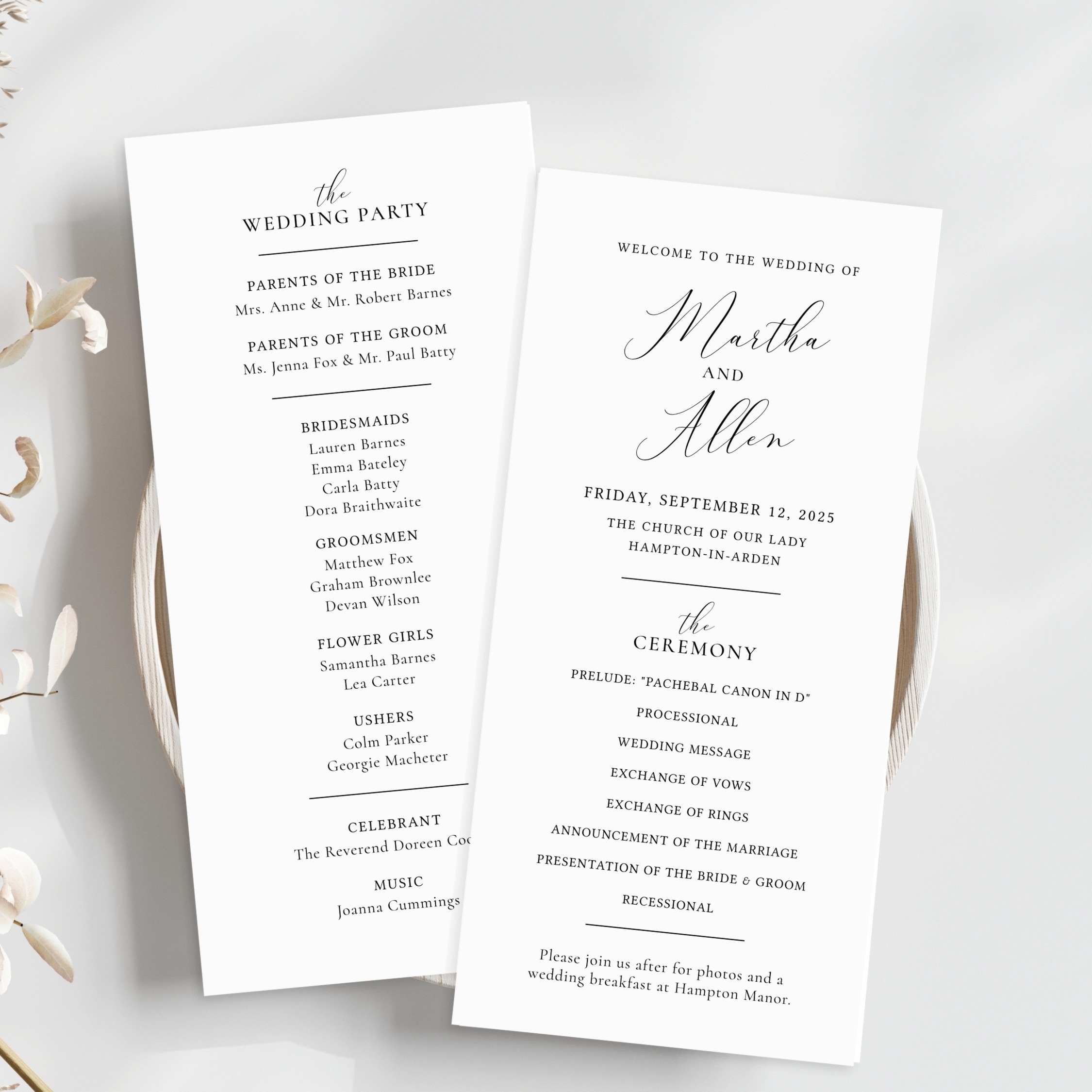 Elegant Minimalist Slim Wedding Program