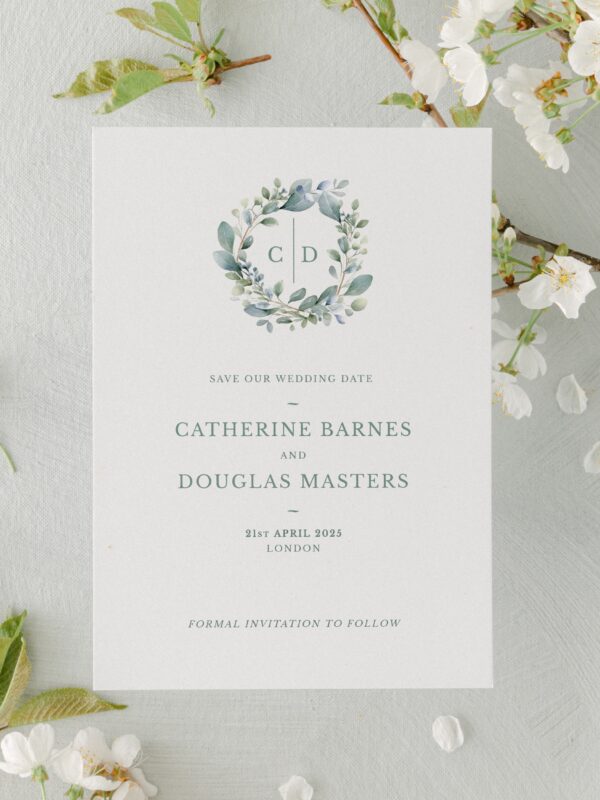 Eucalyptus Monogram Crest Wedding Save the Date Template