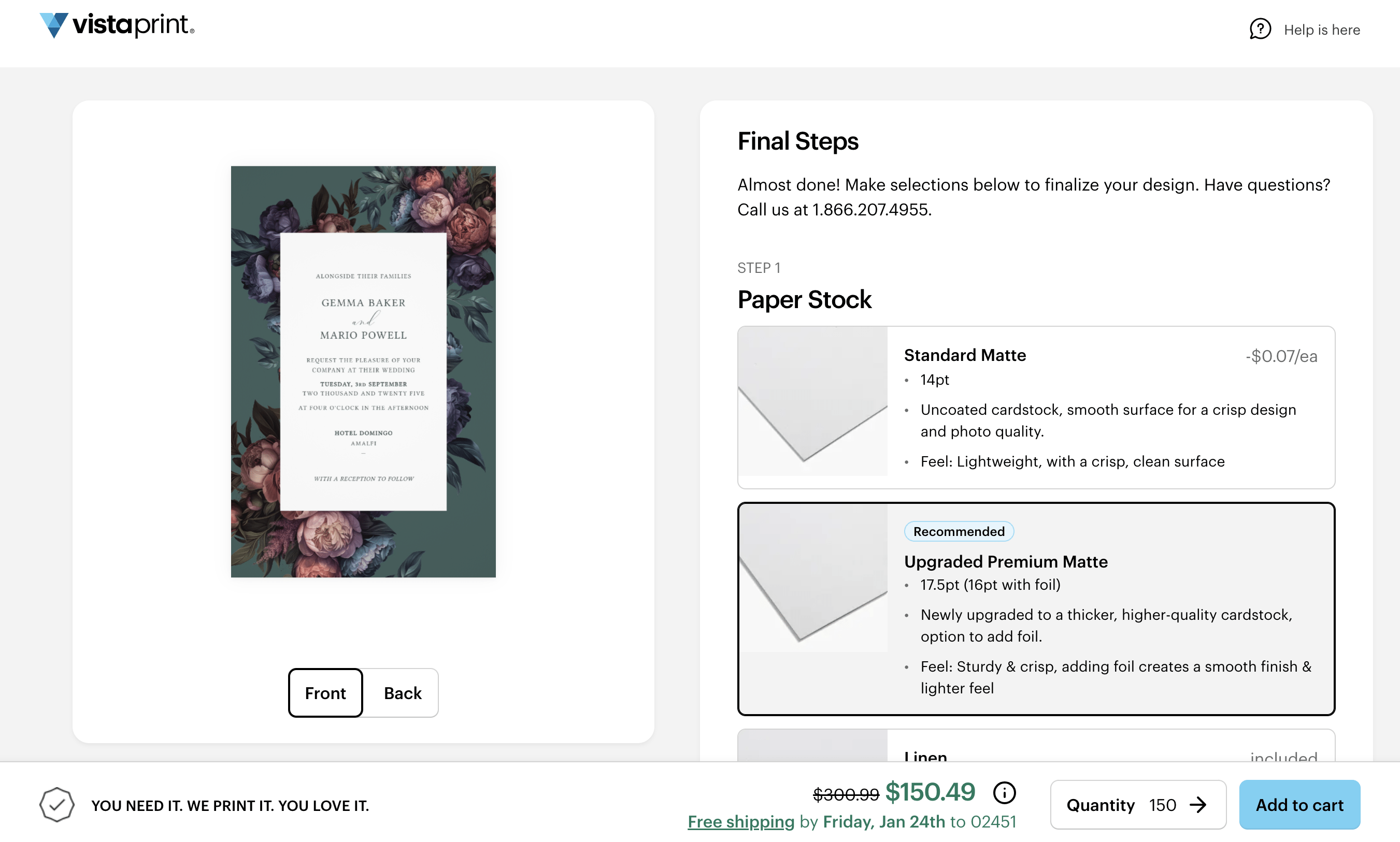 VistaPrint choose paper type