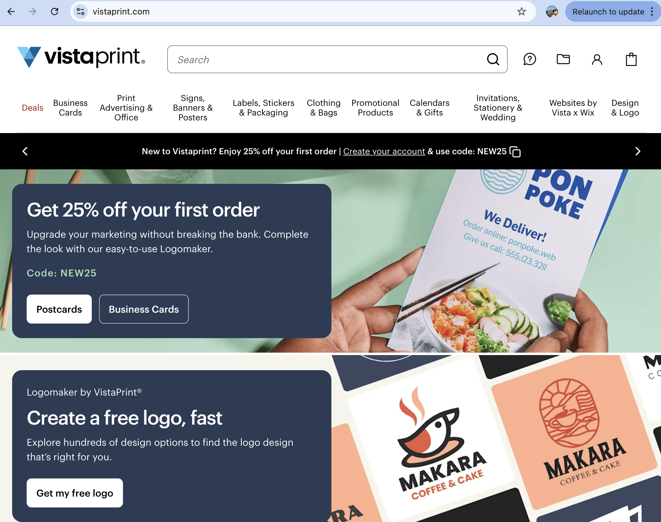 VistaPrint website screenshot