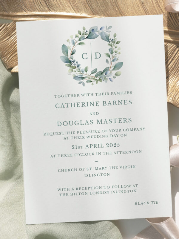 Eucalyptus crest wedding invitation editable template