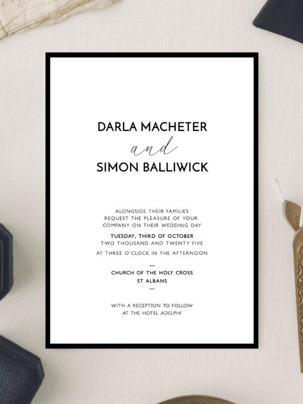 Black border modern typographic wedding invitation template
