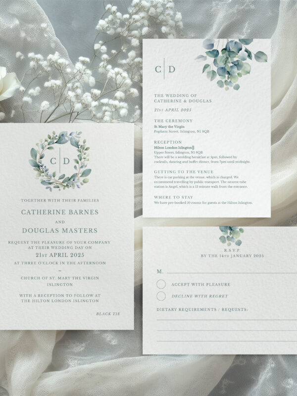 Eucalyptus Elegance Crest wedding invitation suite template set
