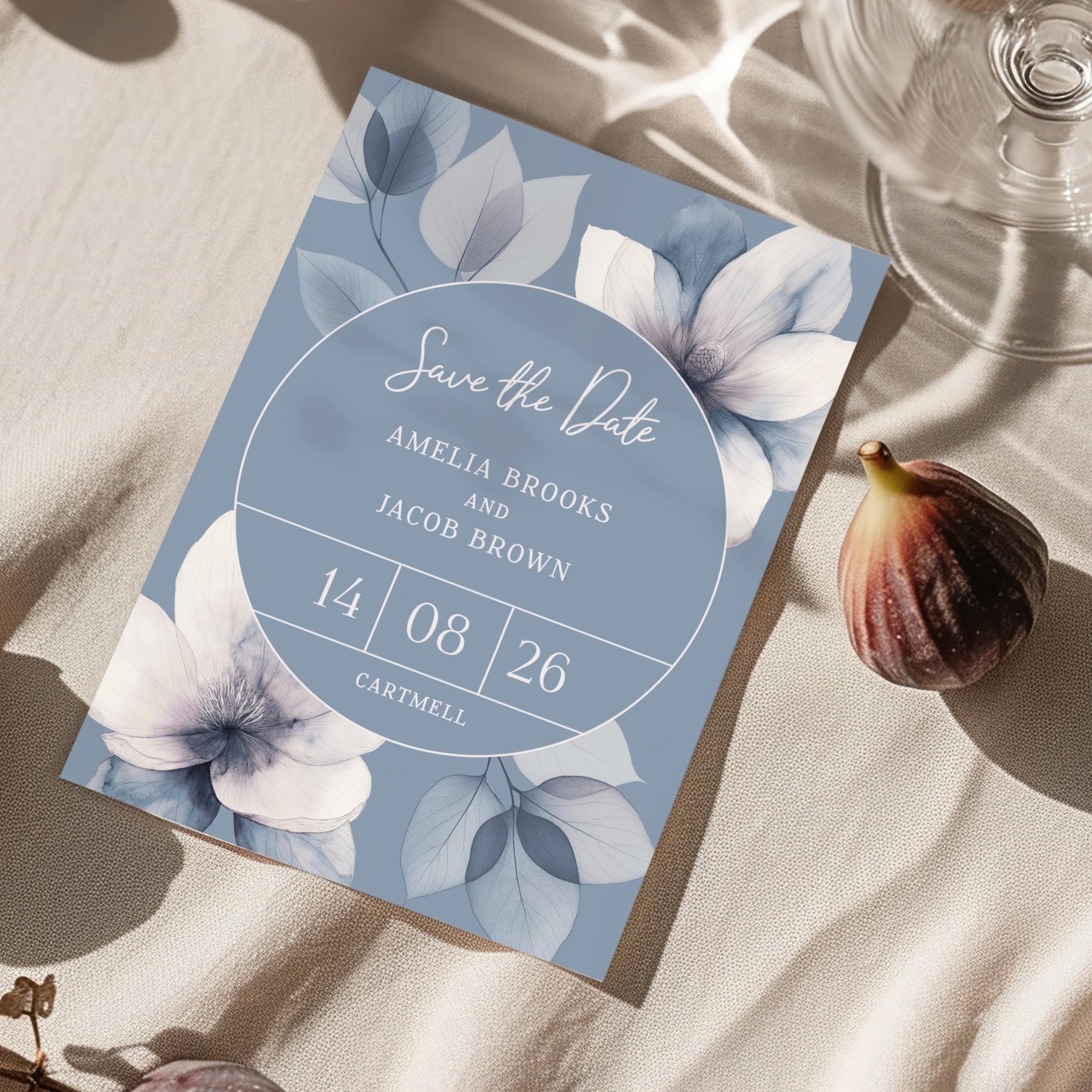Blue and Ivory Botanic Save the Date