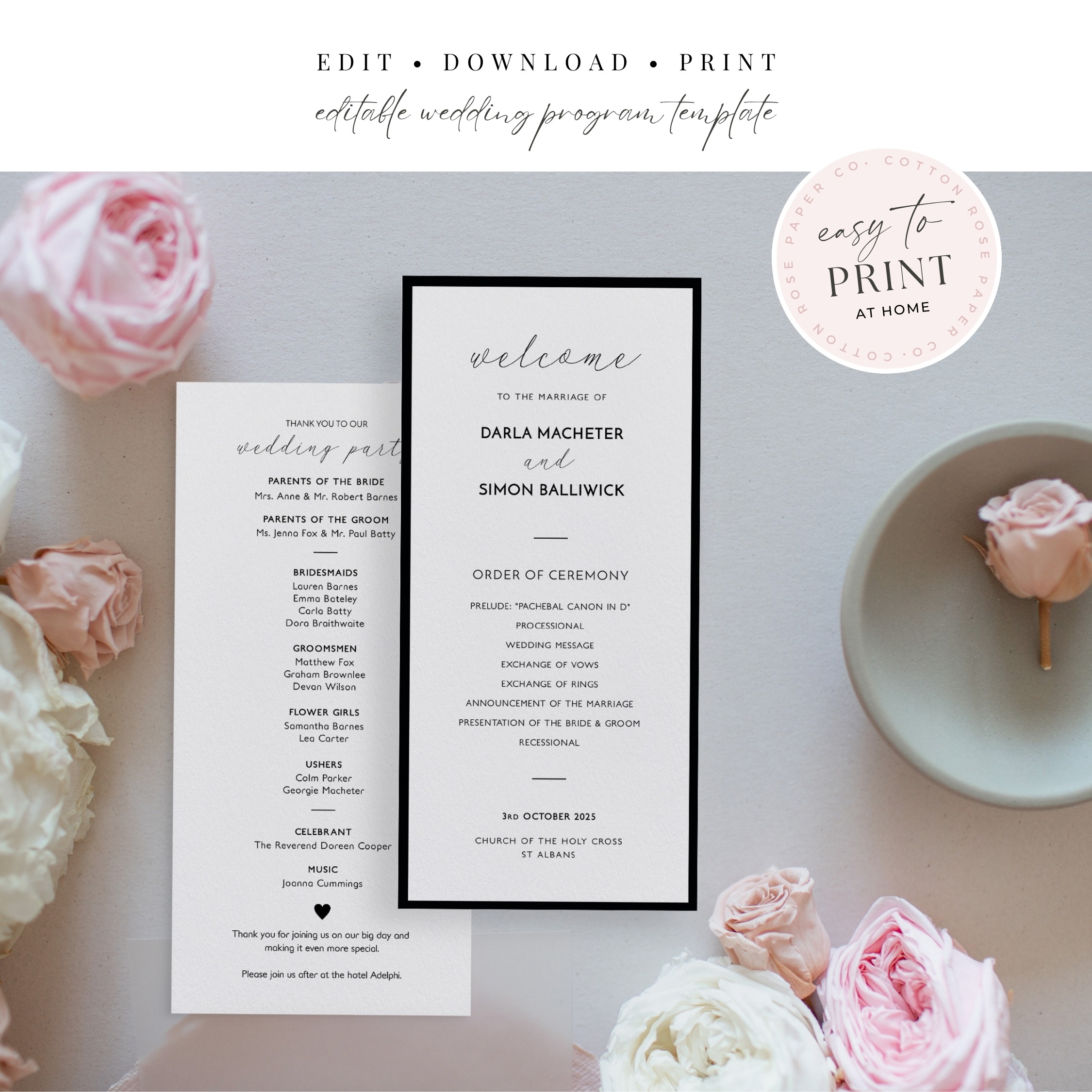 Monochrome Border Wedding Program Card - Easy to Print