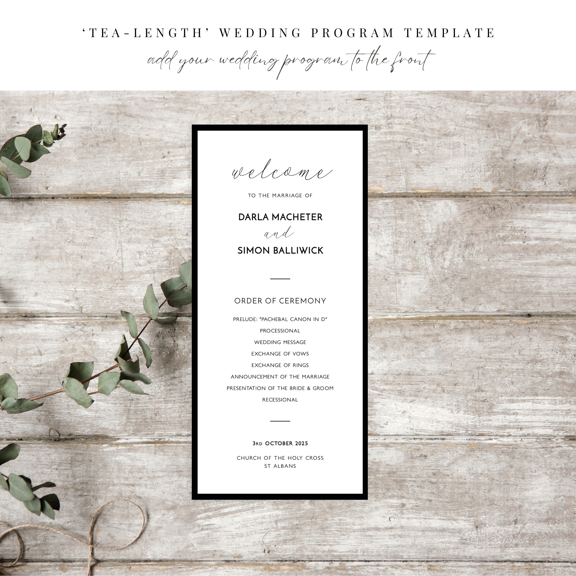 Monochrome Border Wedding Program Card - Front of Design