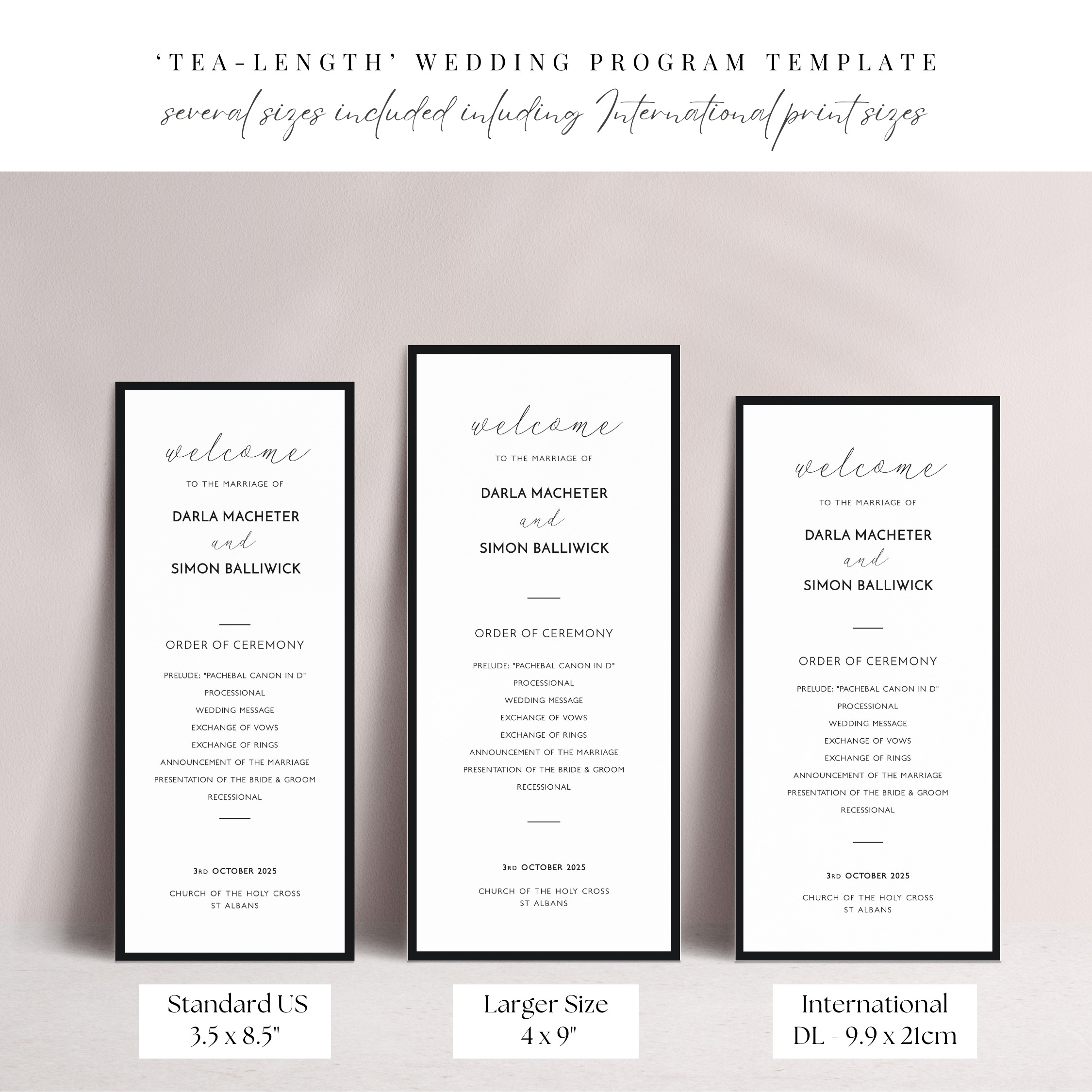 Monochrome Border Wedding Program Card - Size Options