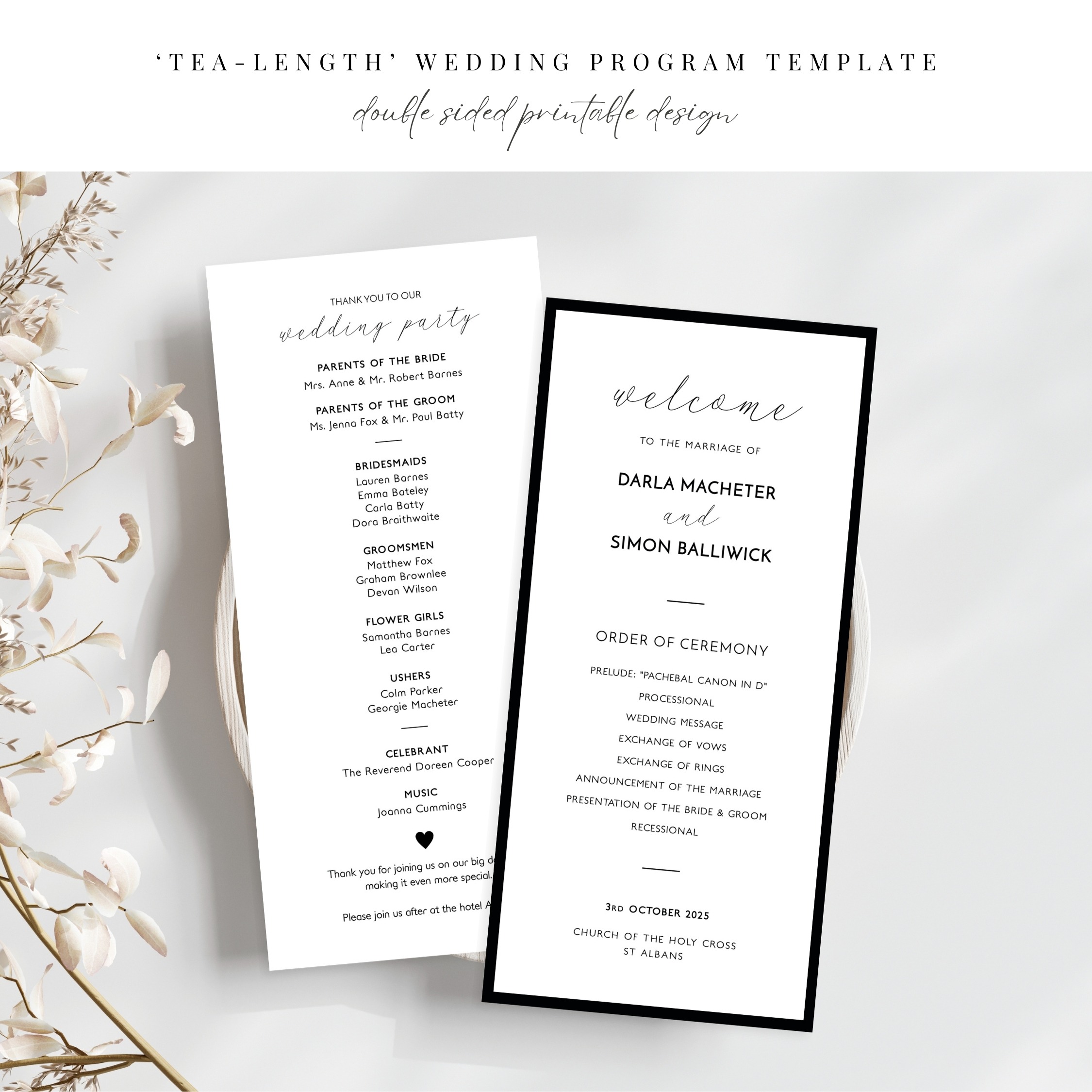 Monochrome Border Wedding Program Card - Double Sided Design