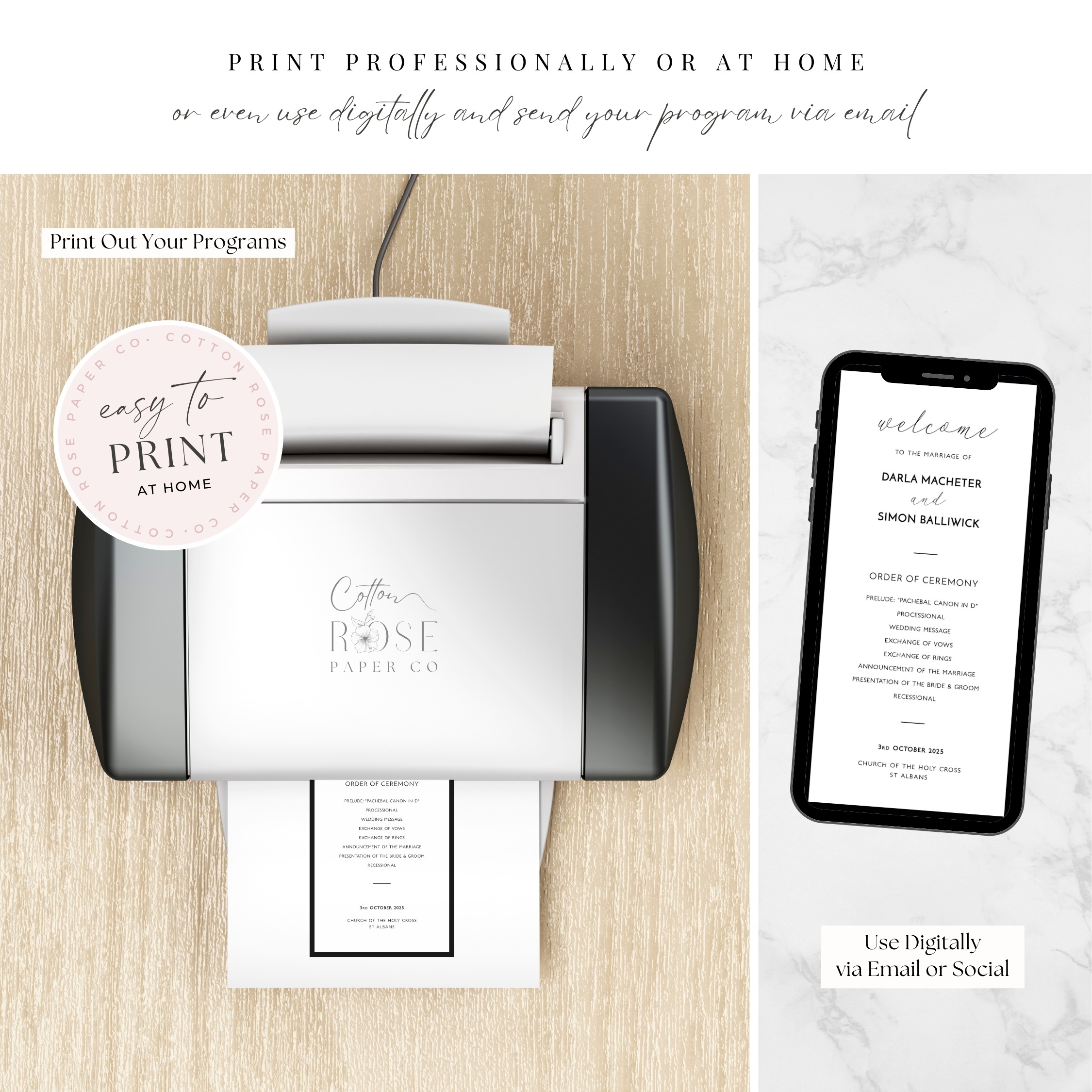 Monochrome Border Wedding Program Card - Print or Use Digitally