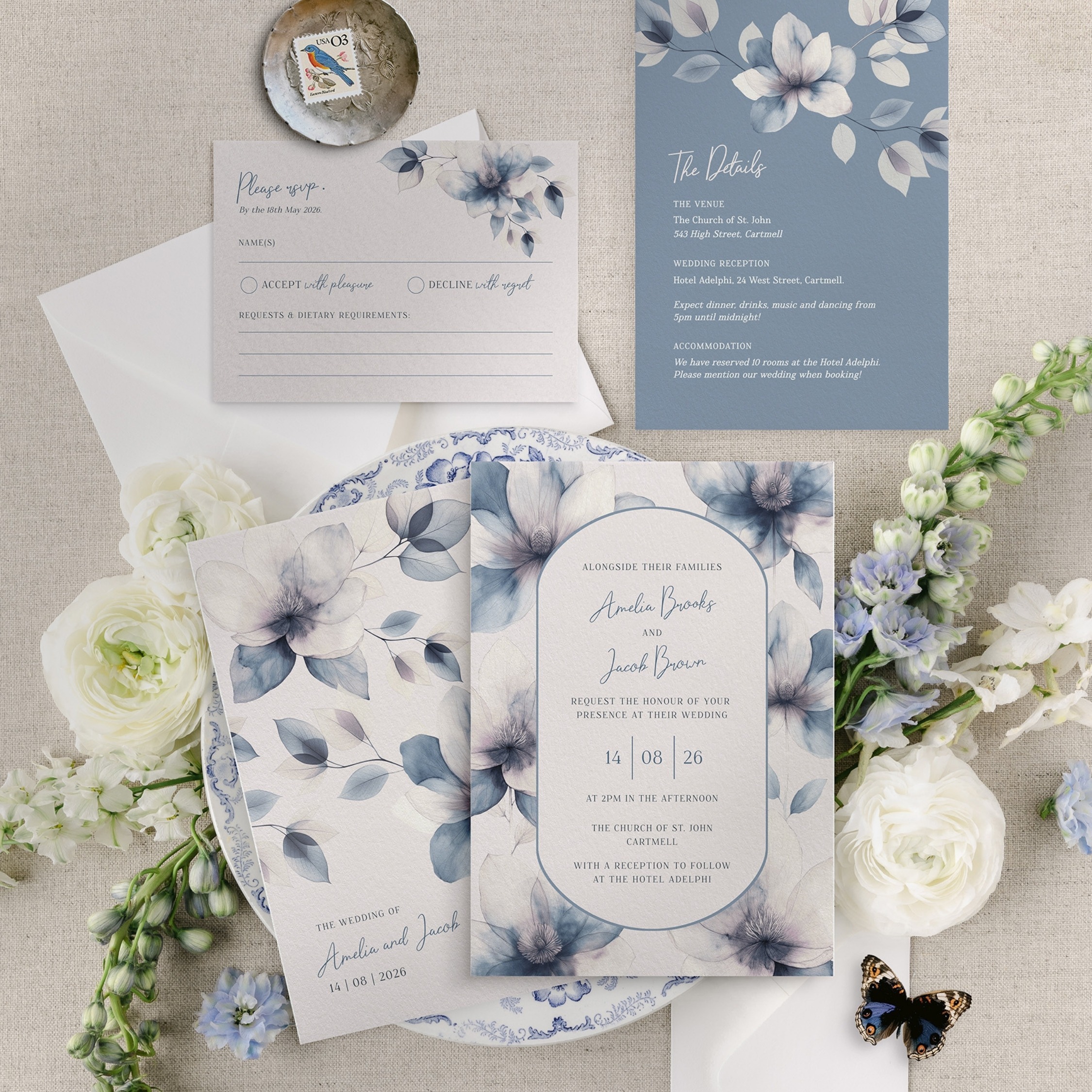 Blue Floral Wedding Invitation Suite